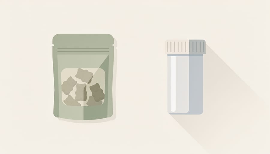 A conceptual still life showing a hemp gummy bag next to a medicine-style container on a kitchen table, emphasizing safety precautions.