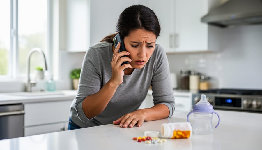 A parent looks concerned while holding a phone in a living room as a child rests on the couch, representing a need to call for help after exposure.