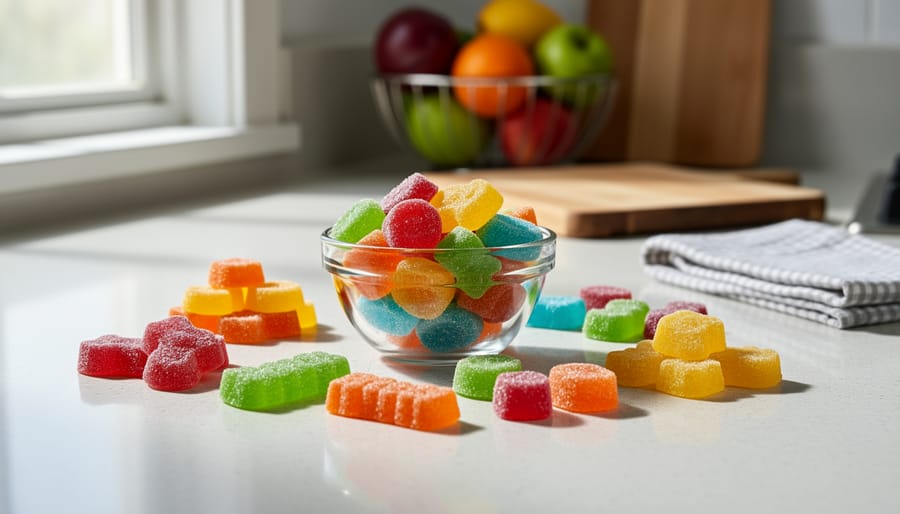 Colorful gummy candies in a bowl on a kitchen counter with an adult hand nearby, emphasizing they can look like regular candy to children.