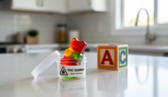 Bright candy-like THC gummies in a clear container on a kitchen counter with a child’s toy block blurred in the background, suggesting accidental access risk.