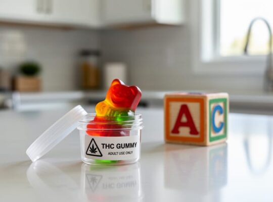 Bright candy-like THC gummies in a clear container on a kitchen counter with a child’s toy block blurred in the background, suggesting accidental access risk.