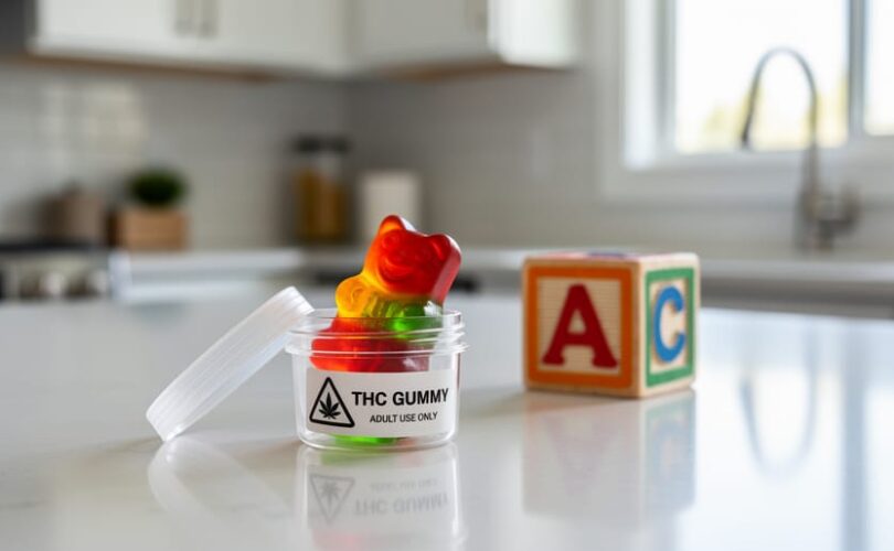 Bright candy-like THC gummies in a clear container on a kitchen counter with a child’s toy block blurred in the background, suggesting accidental access risk.
