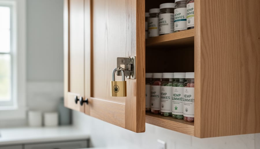 Parent locking a high cabinet with child-resistant latch while placing gummy products inside, illustrating secure home storage.